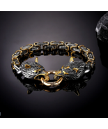 Dual Wolf Head Bracelet Mix Gold Cross Norse Amulet Pendant - £22.96 GBP