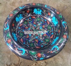 12&quot; Black Marble Fruit Bowl Real Gemstone Turquoise Marquetry Decor Gift... - £358.03 GBP
