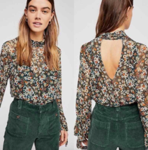 Free People All Dolled Up Sheer Mesh Jade Combo Mock Neck Crop Top Blous... - £29.24 GBP