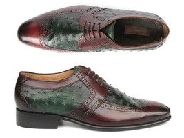 Paul Parkman Mens Shoes Green Brown Derby Leather Ostrich Upper Handmade... - $559.99
