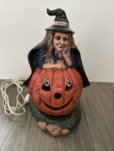 Vintage Ceramic Witch Pumpkin 11&quot; Halloween Decoration Light Up Figurine Plug In - £30.13 GBP