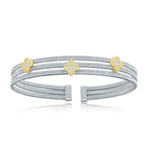 Bonded 14K Gold Plating Flower Shapes CZ Sterling Silver Triple Bangle Bracelet - £206.28 GBP