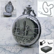 Silver Plated Pocket Watch Fishing Design Men Watch Arabic Numbers Fob Chain - £16.04 GBP