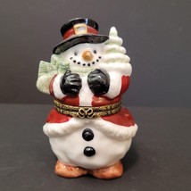 Vintage Hand Painted Ceramic Holiday Top Hat Snowman Holding Christmas Trees 4&quot; - £7.09 GBP