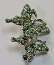 Beautiful Lt Green Amethyst Rhinestone Double Butterfly Brooch Pin 1.75&quot; Silver - £7.81 GBP