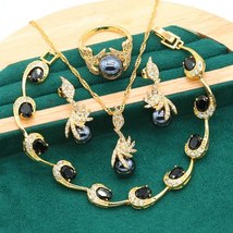 New Arrivals Gold Color Pearl Jewelry Set for Women Black Zircon Bracelet Earrin - £29.00 GBP