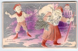 Santa Claus Christmas Postcard Airbrushed Boy Throws Snowball Purple Germany - £57.54 GBP