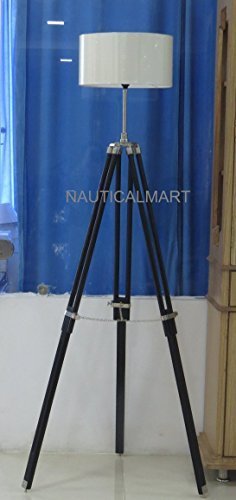 CHROME FINISH BLACK TRIPOD FLOOR LAMP WITH BEAUTIFUL WHITE COTTON SHADE - $187.11