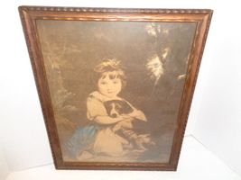 Antique Girl And Dog Print, 14 x 11&quot; Framed, 1930&#39;s Era - £11.85 GBP