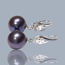 Round 11 - 11.5mm Edison Natural Purple Black Pinkish Pearl Dangle Hook Earrings - $103.72