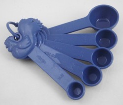 Paula Deen Blue Chicken Rooster Nesting Measuring Spoon Set on Ring 5 pc plastic - £11.78 GBP