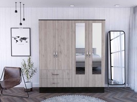 71" Light Oak and Black Four Door Wardrobe Closet with Mirrors - $21,362.64 MXN