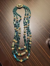 Vintage Green Iridescent Triple Strand Vintage Goldtone Art Bead Long Ne... - $21.28