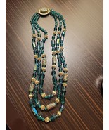 Vintage Green Iridescent Triple Strand Vintage Goldtone Art Bead Long Ne... - £17.21 GBP