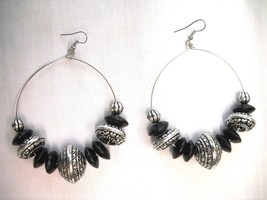 Bohemian Black Wood and Alloy Beaded Hoop Style Fashion LARGE Ethnic Earrings - £4.78 GBP