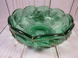 Green Cut Glass Round Dish Candy Nut VINTAGE Hand Painted Gold Flowers 4... - £8.60 GBP