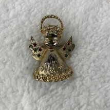 Vintage Christmas Angel Brooch 2&quot; Pin Gold Tone Red Green Rhinestones - £7.78 GBP