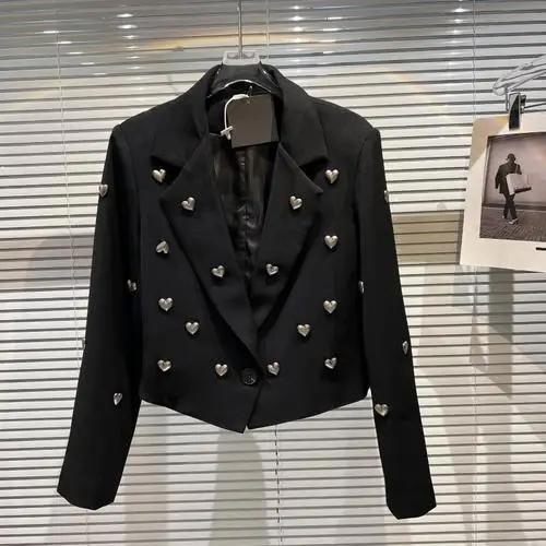 Black Short Coat  Spring  Three-Dimensional Metal Heart-Shaped Business Suit Jac - £270.49 GBP