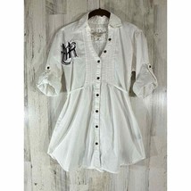 Rock &amp; Roll Cowgirl Button Up Small White Pintuck Pleats Black Roses Roll Tab - £19.43 GBP