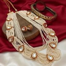 Gold Plated Bollywood Style Indian Pearl Kundan Necklace Long Haram Jewelry Set - £113.87 GBP