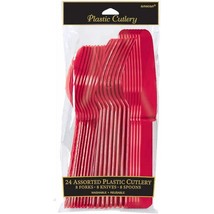 Apple Red Plastic Assorted Cutlery Set 24 Ct Party Tableware Knives Forks Spoons - $2.75