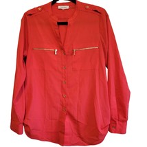 Calvin Klein Red Dress Top Roll Tab Sleeve Button Front Zipper Pockets S... - £22.75 GBP