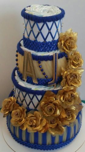 Royal Blue And Gold Little Prince  Themed Baby Shower 4 Tier Diaper Cake Gift - $115.00