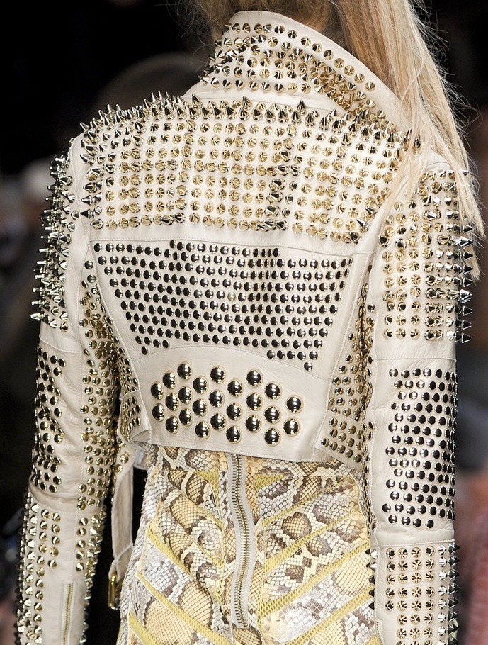 Heavy Metal Long Spiked Punk Steam Multiple Studs White Cropped Leather Jacket