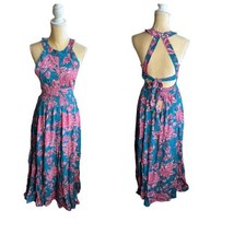 Abel the Label Anthropologie Rumi Maxi Dress NWT Teal Blue Pink Sexy Back sz L - £64.13 GBP