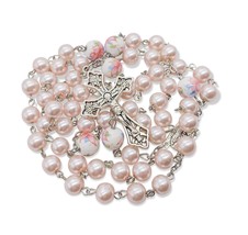 Nazareth Store Pink Pearl Beads Rosary White Flowers Beaded - £34.66 GBP