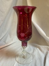 Cranberry Glass Etched Floral Footed Tulip Vase 12” - £10.60 GBP