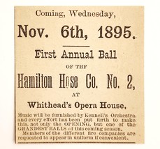 1895 Hamilton Hose No 2 Fire Dept Ball Victorian Advertisement Opera Hou... - $560.63 MXN