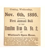 1895 Hamilton Hose No 2 Fire Dept Ball Victorian Advertisement Opera Hou... - $29.99