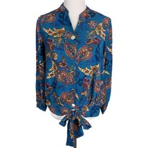 NY Collection Womens Shirt Size Small Blue Brown Paisley Buttons Tie Long Sleeve - $21.44