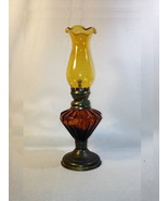 Miniature Amber Oil Lamp w Chimney n Bronze Look Base Appears Unused - $19.95