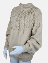 Handmade Chunky Cable Knit Sweater Womens XL Mock Neck Balloon Sleeve Ta... - £96.88 GBP