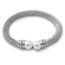 Stunning Italian 925 Silver Silver Pearl Bangle Bracelet 14K White Gold Covered - $147.51