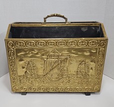 Vtg Wooden Magazine Rack With Embossed Brass Cover Sailing Pirate Ships  - $40.00