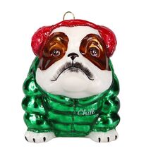 Bulldog in Green Chill Puffer Coat Polish Glass Christmas Tree Ornament - $64.98