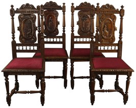 Antique Dining Chairs, Brittany Set 4, Carved Chestnut Figures, Red Upholstery - £2,340.80 GBP