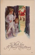 Merry Christmas Children Peek at Santa Claus Postcard Z16 - £7.07 GBP