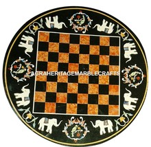 Black Marble Chess Board Coffee Table Marquetry Inlaid Elephant Arts Decor H3088 - £304.52 GBP+