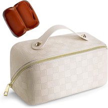 Large Capacity Travel Cosmetic Bag Plaid Checkered Makeup Bag Portable Leather W - £39.35 GBP