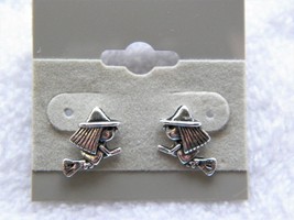 Silver Halloween Witch on Broom Earrings 1/4&quot; Post - £6.24 GBP