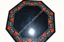 24&quot; Black Marble Octagon Coffee Center Table Top Carnelian Inlay Floral H5672 - £711.00 GBP