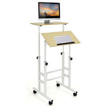 Costway Adjustable Mobile Laptop Stand Desk Rolling Cart Home Office Natural - £95.18 GBP