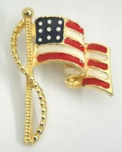 Goldtone Enamel American Waving Flag Pin Brooch 1.75&quot; Patriotic Exc Unmarked - £1.57 GBP