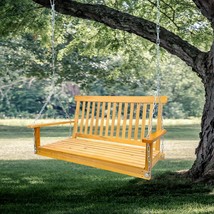 Front Porch Swing with Armrests, Wood Bench Swing with Hanging Chains Teak - $176.95
