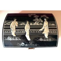 VTG Jewelry Box 10"x7" Black Lacquer MOP Abalone Hand Painted Asian Orie... - $79.00