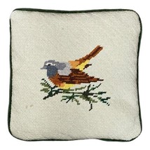 Cottagecore Needlepoint Bird Pillow Square Green Velvet Back Vintage Aud... - £37.36 GBP